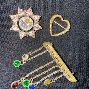 Micro mosaic flower heart Brooch Pin Bronze mesh stones vintage needs repair